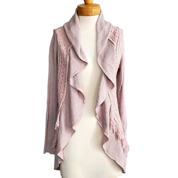 ANTHROPOLOGIE Knitted and Knotted Pink/Mauve Fringe Circle Open Front Cardigan S - Picture 2 of 11